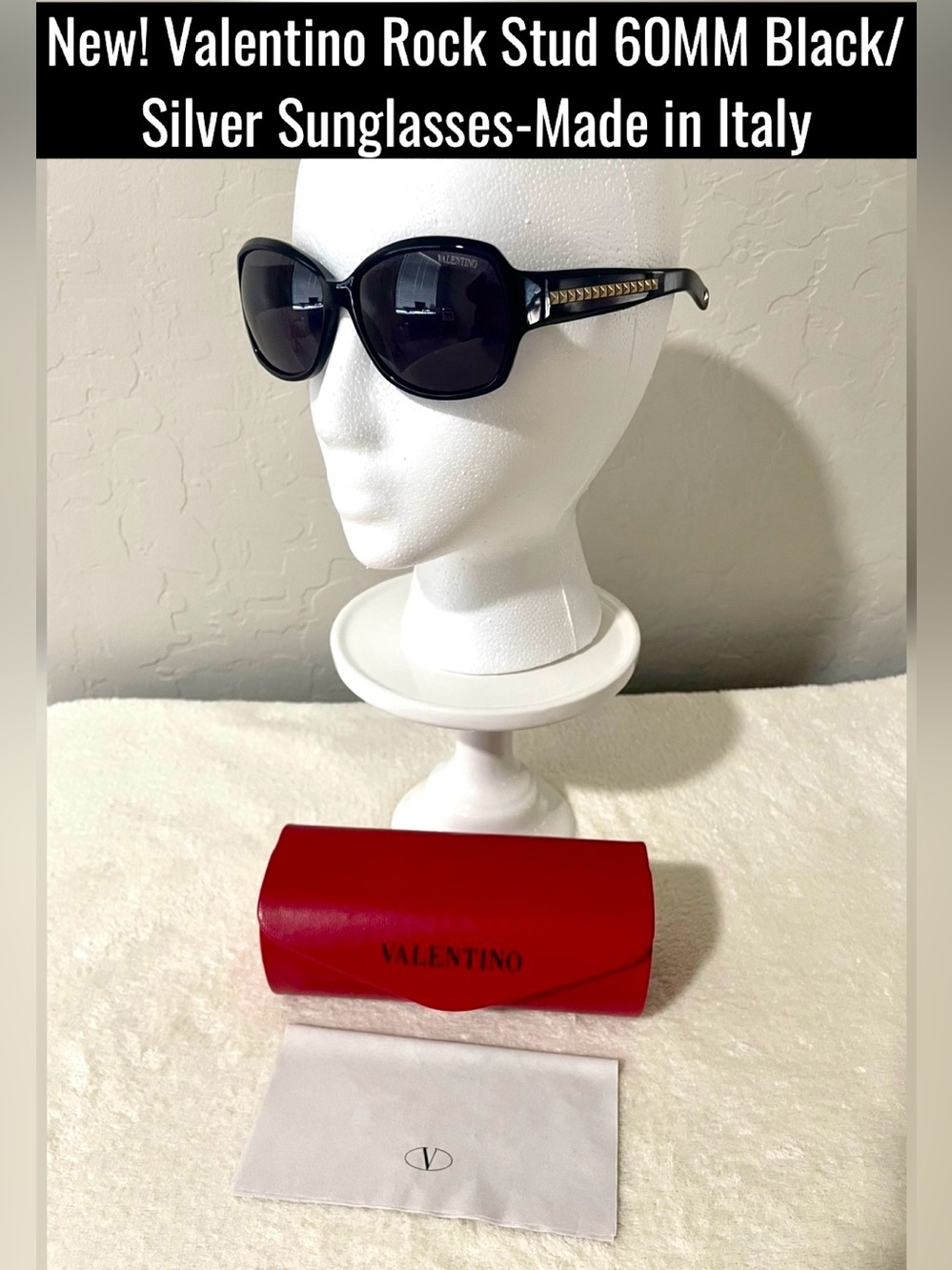New! Valentino Rock Stud 60MM Black/Silver Sunglasses-Made in Italy